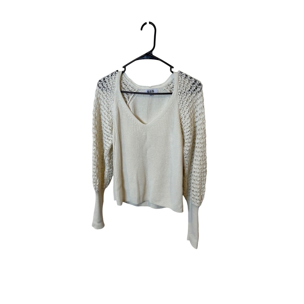 525 America Women Cream Cotton‎ Ribbed V-Neck Sweater Crochet Balloon Sleeve M